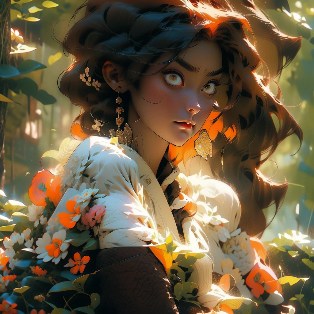 Fierce warrior woman golden eyes, tan skin, wild short black hair