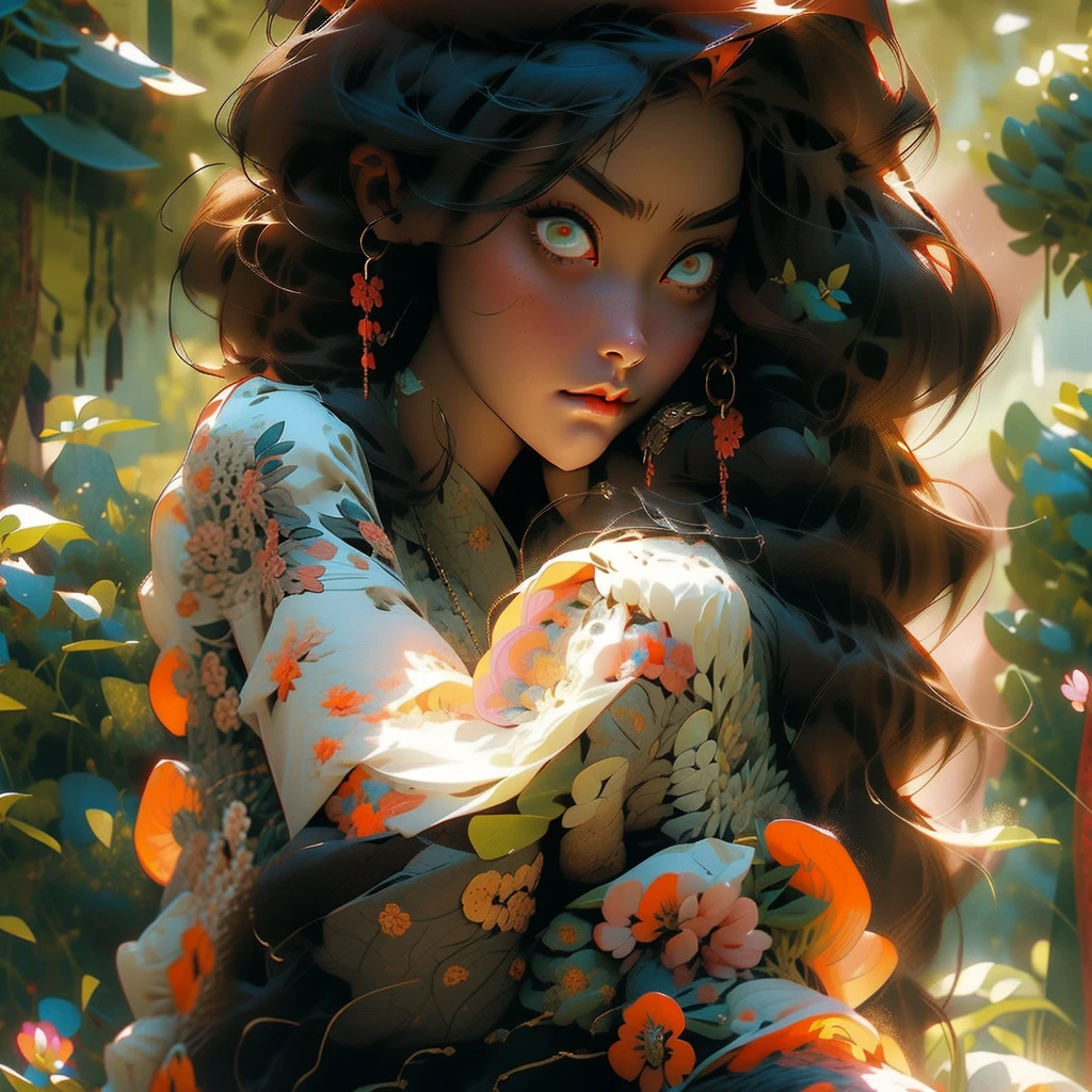 Fierce warrior woman golden eyes, tan skin, wild short black hair