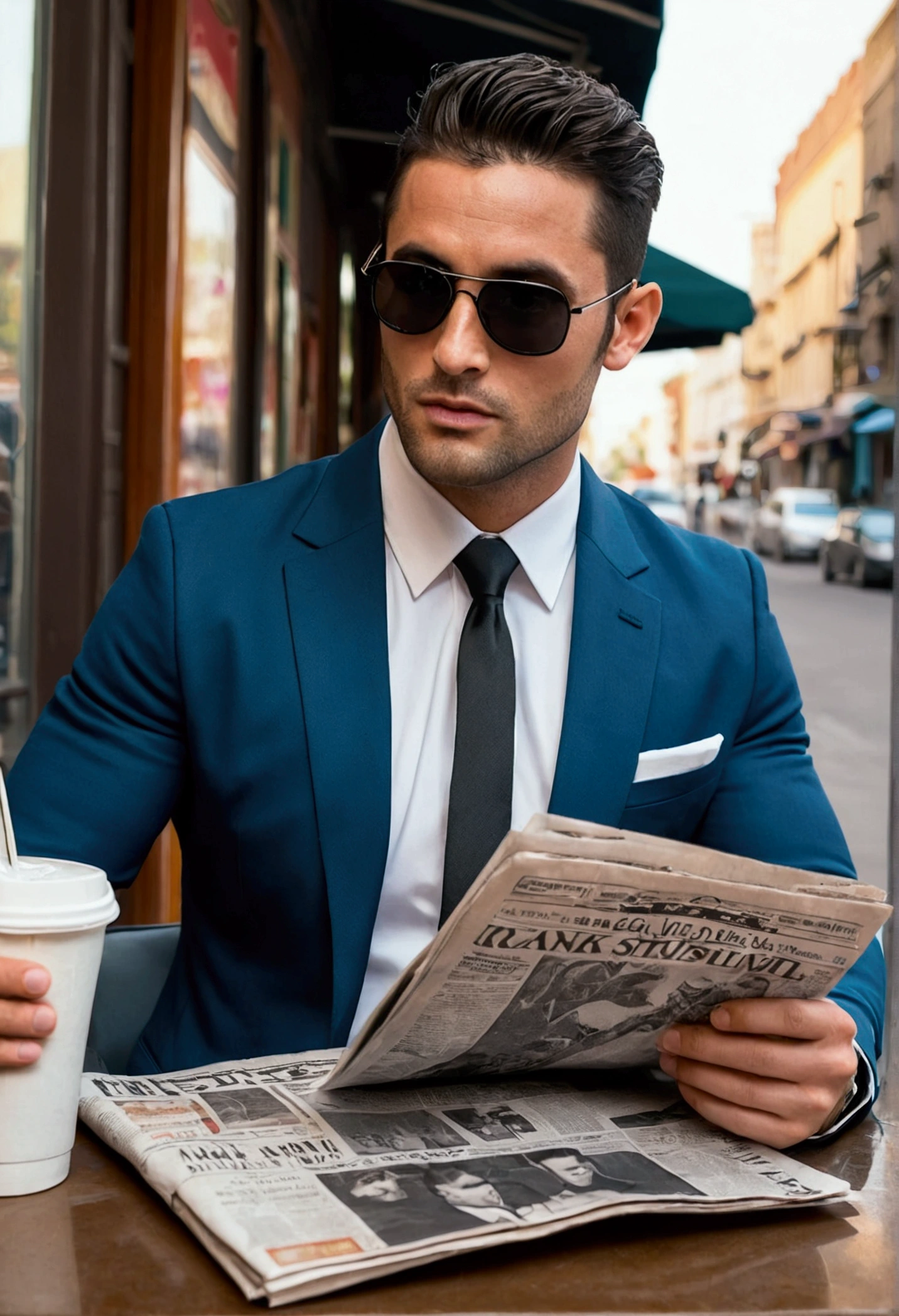 An attractive 30-year-old athletic man with short dark hair, wearing a suit, black sunglasses, and fine stubble, sits in a street cafe and reads a newspaper.