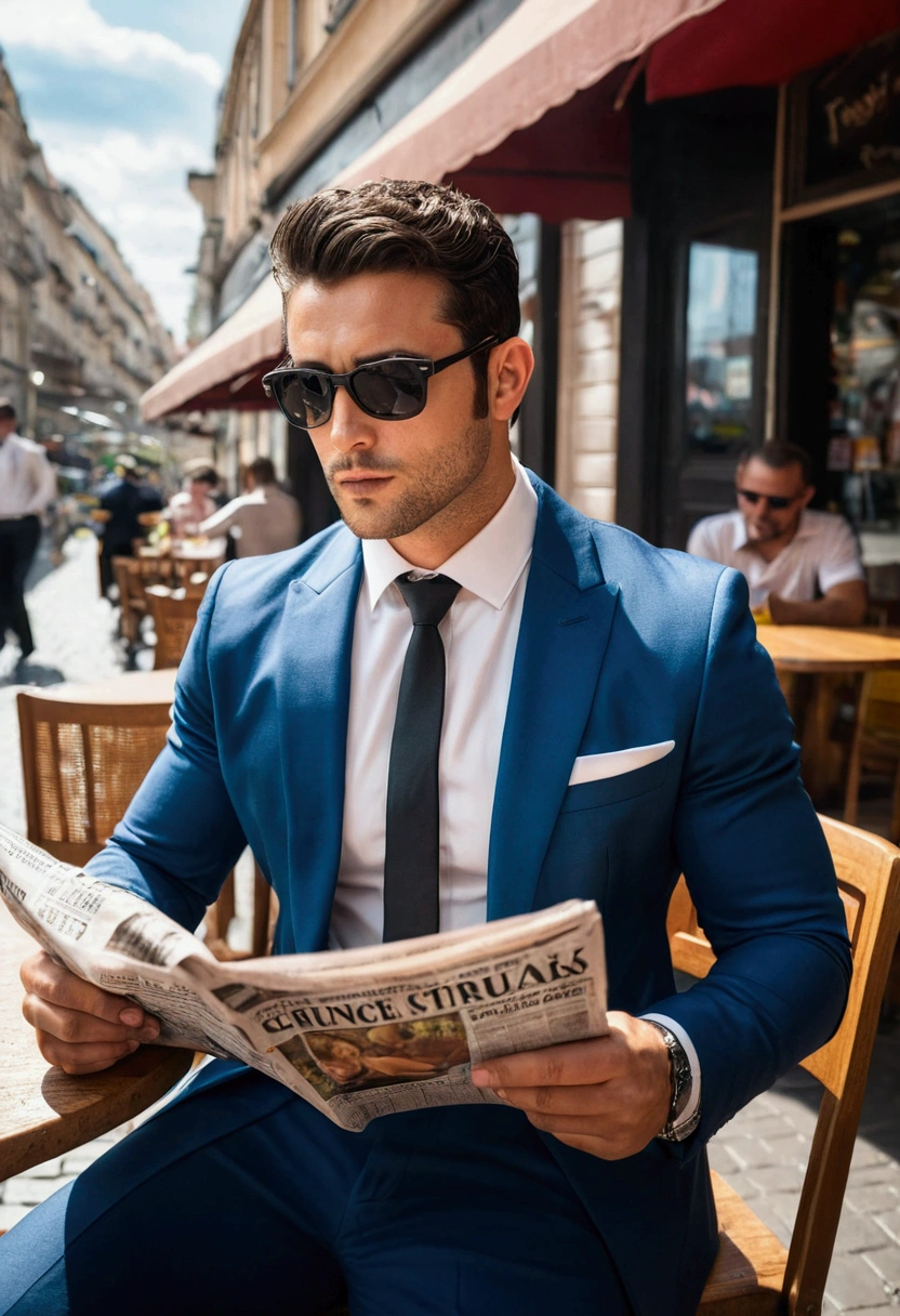 An attractive 30-year-old athletic man with short dark hair, wearing a suit, black sunglasses, and fine stubble, sits in a street cafe and reads a newspaper.