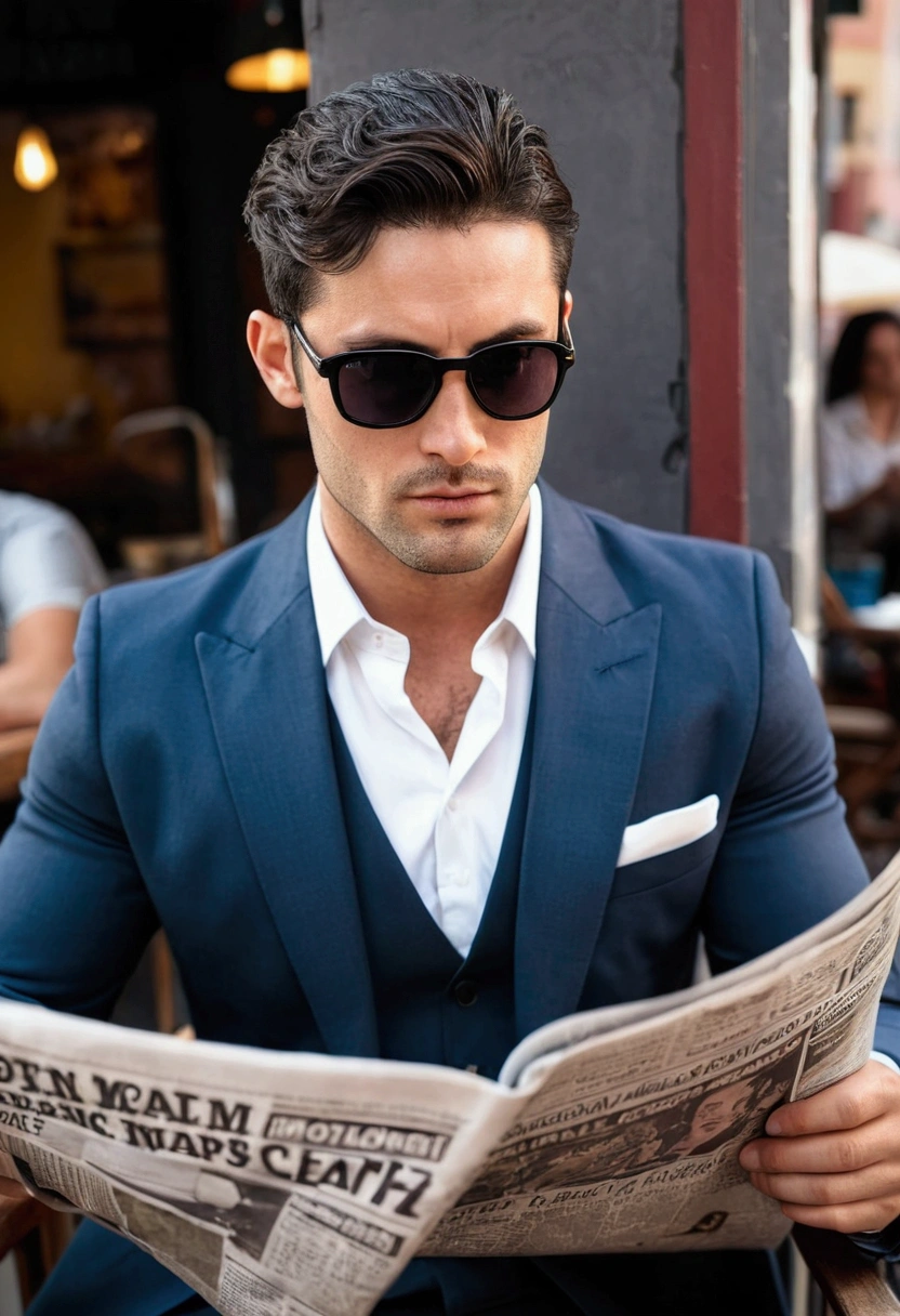 An attractive 30-year-old athletic man with short dark hair, wearing a suit, black sunglasses, and fine stubble, sits in a street cafe and reads a newspaper.