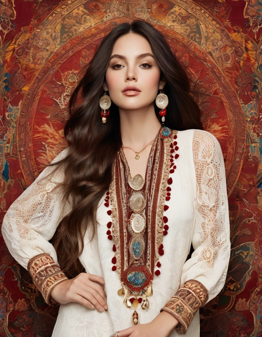 A bohemian-inspired fashion scene featuring a woman wearing a white lace tunic with intricate patterns. with her long brown shininy hair,She stands against a backdrop of rich, deep red and gold tapestry, with an array of colorful and exotic jewelry adorning her neck and wrists, creating a warm and inviting atmosphere.
