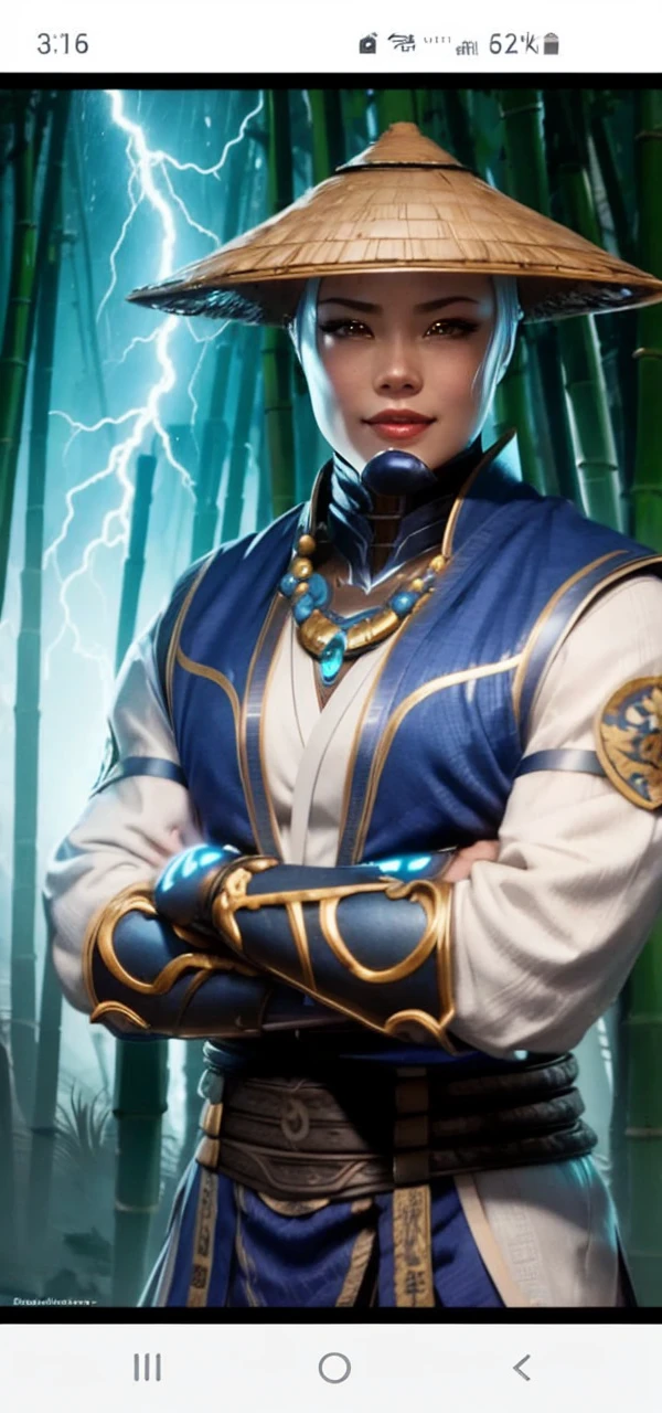 Female version of lord Raiden thunder goddess, 
Bright blue hair flowing, yellow glowing eyes, blue, purple and white Japanese outfit, short skirt, long beautiful legs showing, lightning, Asian conical hat, cleavage, beautiful smiling face, detailed anatomy, high-quality, masterpiece, 4k, thunderstorms in background, 