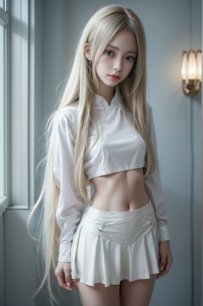 (1girl in:1.3), Cinematic Light, (masutepiece, of the highest quality, Best Quality, Beautiful and aesthetic:1.3), Very detailed、The finest details,(Super detailed),、 
From above,(( Lying in bed))、 
solo、chest、Silky long hair、（Golden white hair）, ((Translucent shirt)), 開いたchest、（Lace panties are visible)Medium sizechest)、Detailed face、Bright expression、young、 Bright、Whiter skin、Great looks、Ultimate beauty、shiny white hair:1.8、Bright光沢のある髪、Super long、Silky straight hair、Hair swaying in the wind))(Puffy eyes:1.2)、(Slim legs)、(顔とchestに軽い)、((Underboob))、chestの下、Oily skin、thin、 (chestの下がうっすら見える)、(chestの下、Belly button and ribs visible)、Hips and lower abdomen are visible、(Pull up your skirt)、