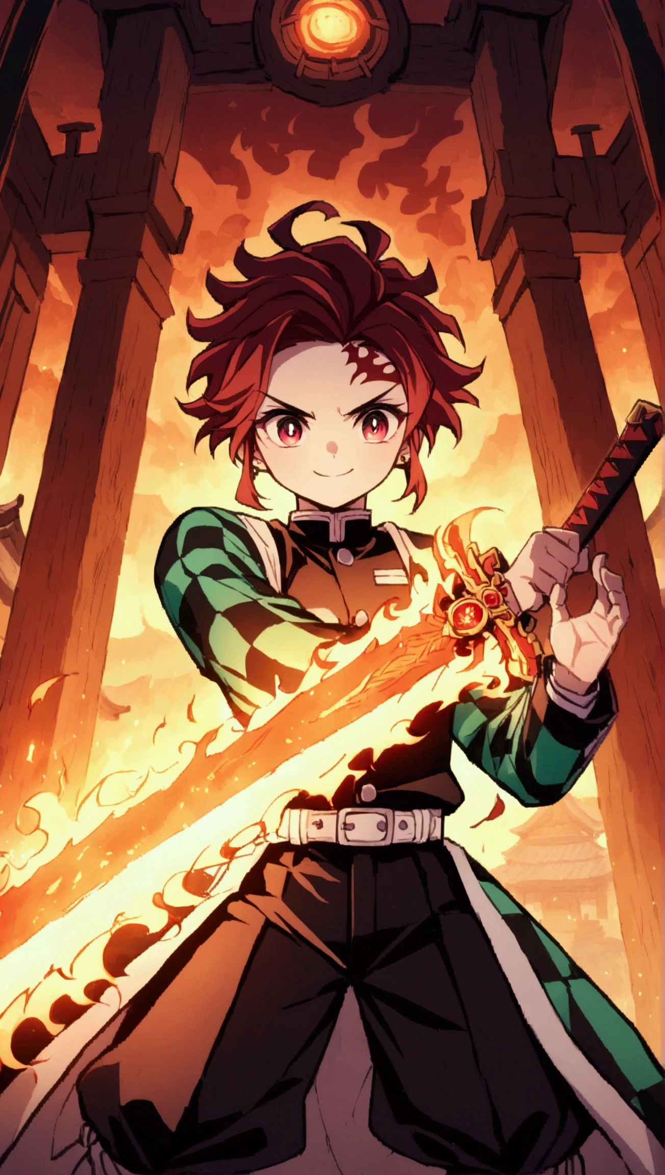 tanjiro kamado, Demon Slayer Anime, Focus of weapons,Bright redhead, Glowing red eyeballs,Intricate tattoos,(With a flaming sword in hand:1.5),Elements of danger and tension,Checkered clothing, Demon Slayer uniform, Black trousers, Finding, fire, explode, Dynamic pose, Temple, vision、smile
