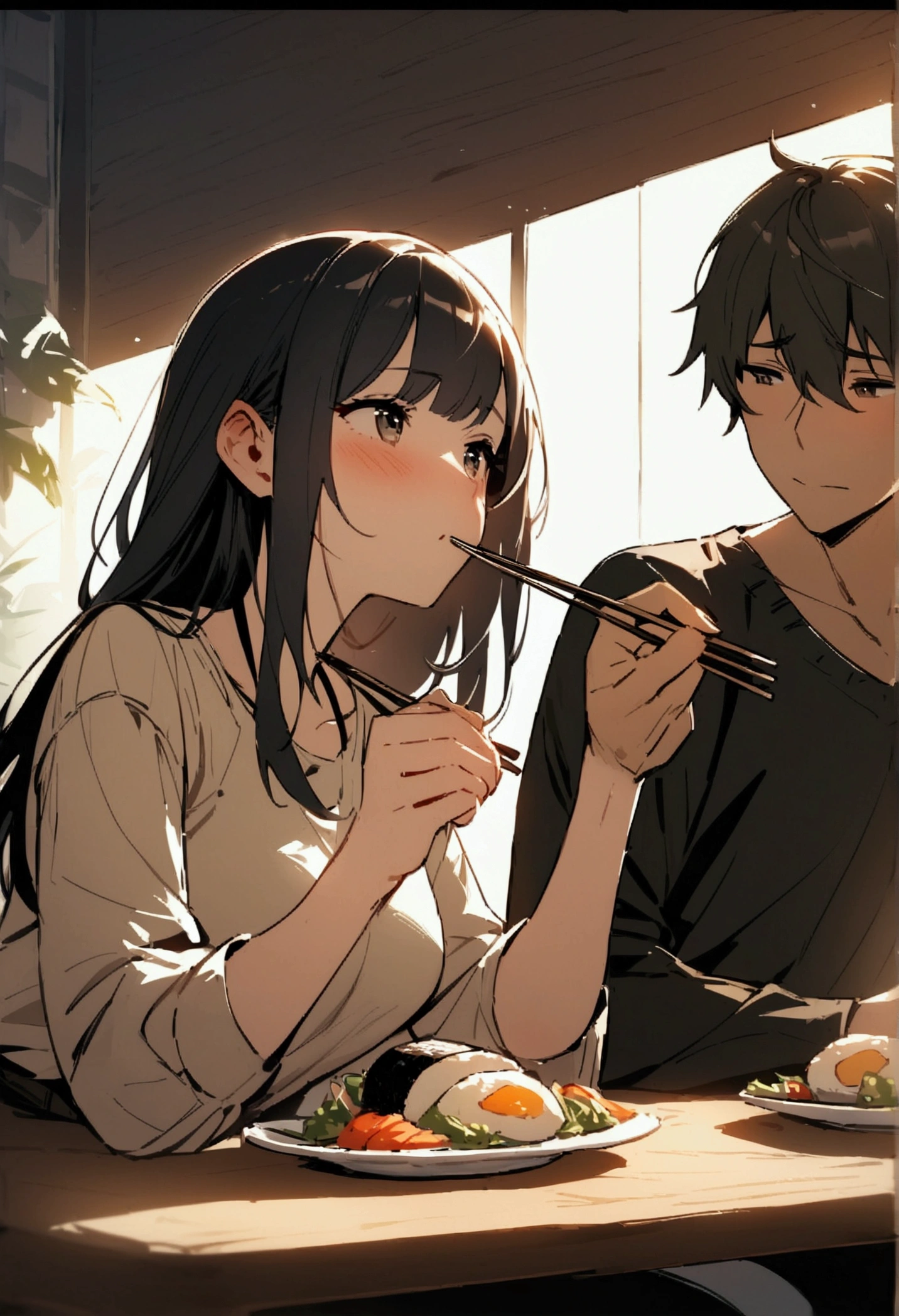boyfriend feeding his girlfriend sushi with chopsticks, casual clothing, shy, stools. (1girl, 1boy) (masterpiece)