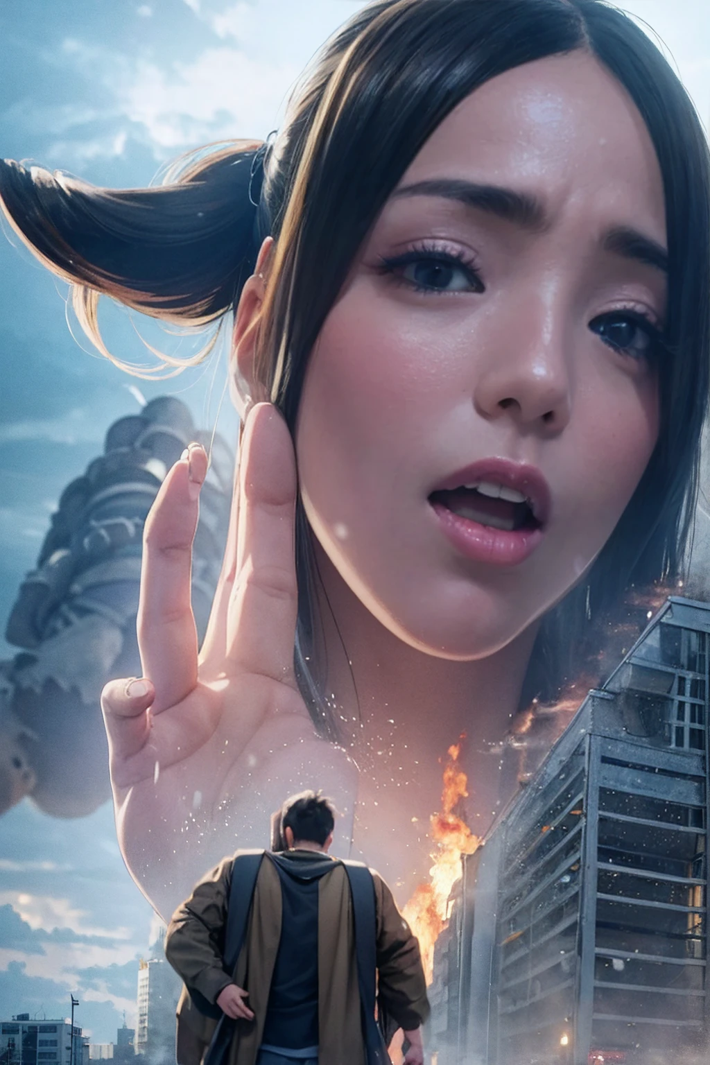 Horrorな雰囲気、Towering Giant、Woman who brings disaster、A powerful and impressive image、Accurate female body、Human body、giantess、A woman bigger than a building、The growing human body、Giantess、The Devil's Outfit、Giant Devil、Villainess、Bad guy、Messenger from Hell、walk、masterpiece、Detailed illustrations、precise illustration、High quality、Japanese、smile、smile、Cute woman、Long Hair、Open your mouth、Low - Angle、Small Town、A small city in ruins、都市のLow - Angleの遠景、Flying debriasterpiece、Anatomically correct、sand smoke、Smoke is rising、Building burns、Gloomy Weather、night、Horror、Catastrophe、thunder、storm、rain、person looking up from below々