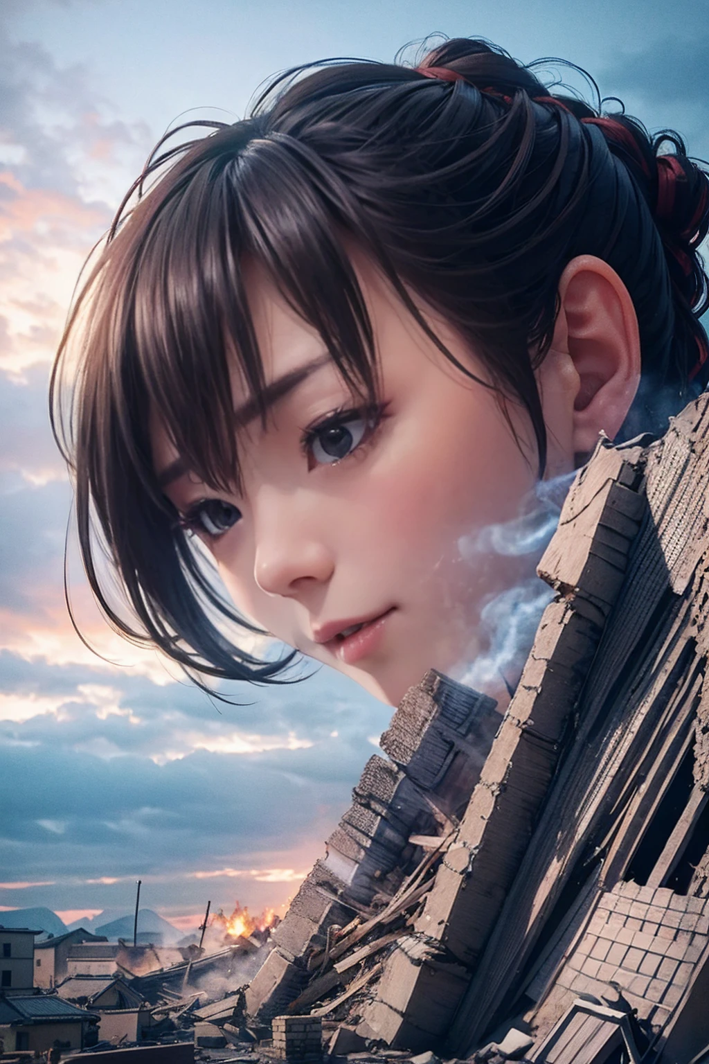 Horrorな雰囲気、Towering Giant、Woman who brings disaster、A powerful and impressive image、Accurate female body、Human body、giantess、A woman bigger than a building、The growing human body、Giantess、The Devil's Outfit、Giant Devil、Villainess、Bad guy、Messenger from Hell、walk、masterpiece、Detailed illustrations、precise illustration、High quality、Japanese、smile、smile、Cute woman、Long Hair、Open your mouth、Low - Angle、Small Town、A small city in ruins、都市のLow - Angleの遠景、Flying debriasterpiece、Anatomically correct、sand smoke、Smoke is rising、Building burns、Gloomy Weather、night、Horror、Catastrophe、thunder、storm、rain、person looking up from below々