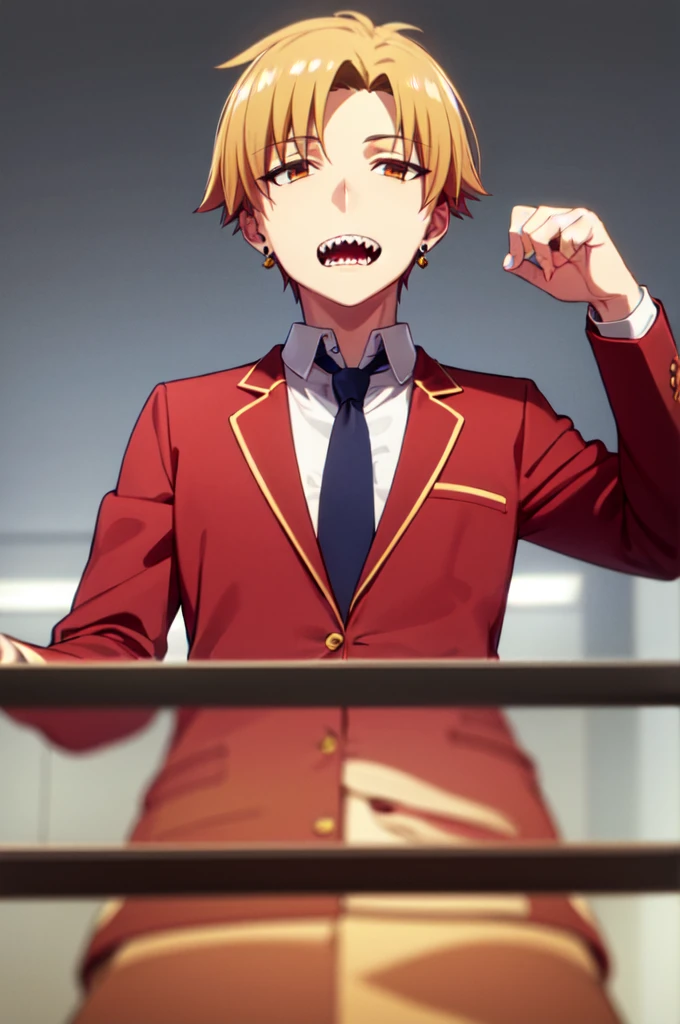 Masterpiece, best quality, 1boy, upper body, necktie, ((black earrings)), simple backround, blonde hair, short hair, brown eyes, from below, looking at viewer, face, red jacket, sharp teeth, 