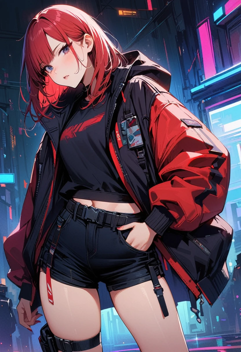 ung girl, Red long hair, Black eyes, Double tail, Cyberpunk, Black top, shorts, Coat, masterpiece, high quality, Red Wolf , Oversized vest