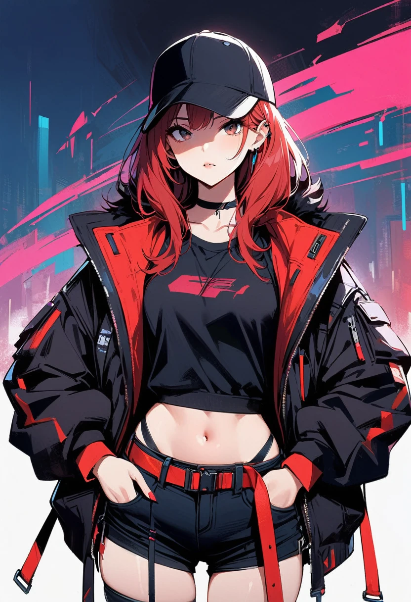 ung girl, Red long hair, Black eyes, Double tail, Cyberpunk, Black top, shorts, Coat, masterpiece, high quality, Red Wolf , Oversized vest