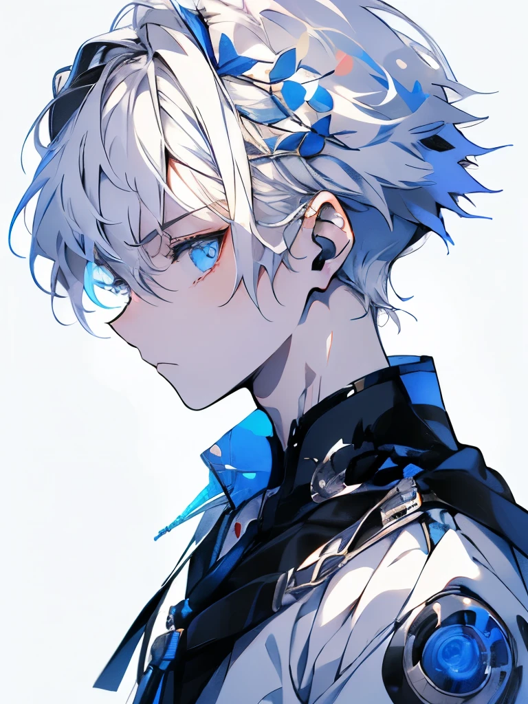 Masterpiece,White Hair、(((20-year-old male)))、Short Hair、Detail eyes、Blue eyes, shy ,Black shirt ,Upper Body,White background、profile