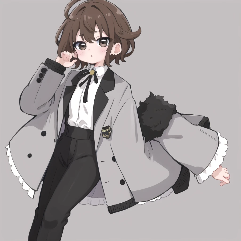 masterpiece, Highest quality, Very detailed, nozoLittle, One girl, (Little:1.4), Simple Background, whole body,((middle part)),short hair,brown hair,black eyes,white shirt,gray jacket,suit