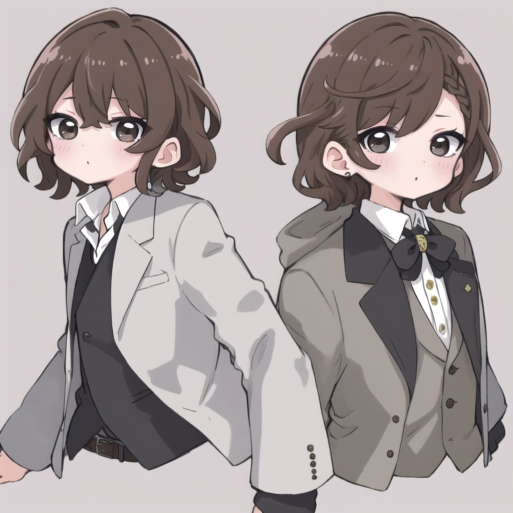 masterpiece, Highest quality, Very detailed, nozoLittle, One girl, (Little:1.4), Simple Background, whole body,((middle part)),short hair,brown hair,black eyes,white shirt,gray jacket,suit