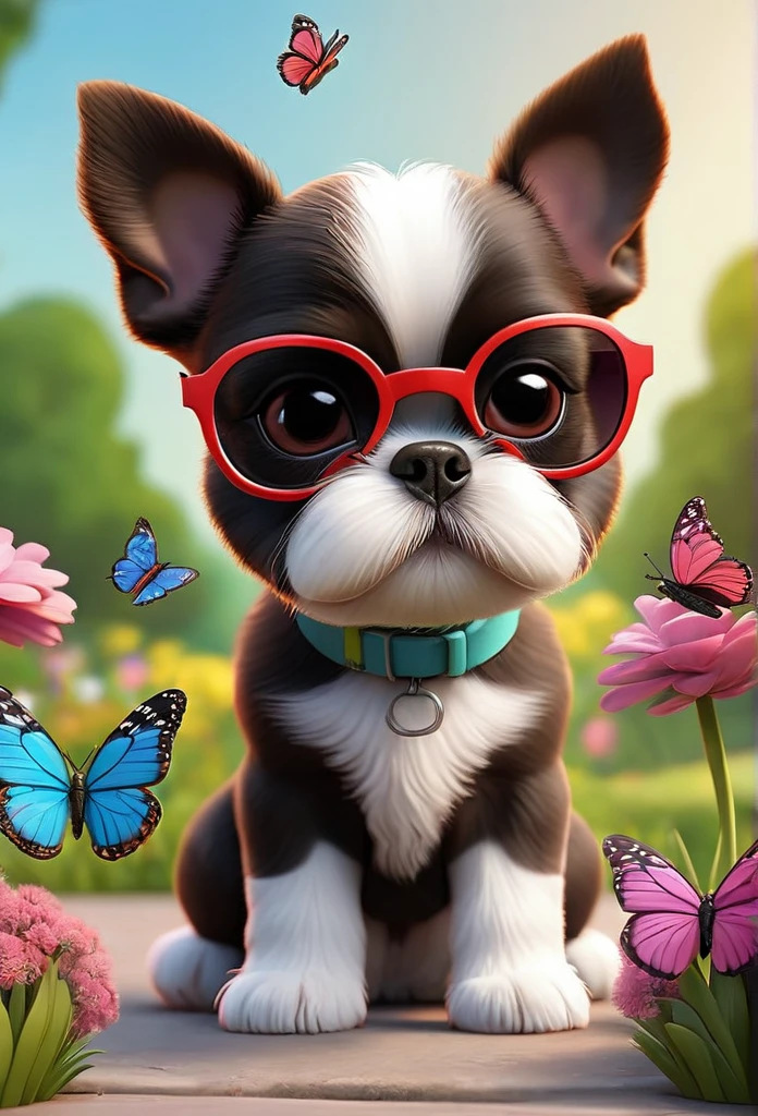 Adorable small red boston Terrior puppy playing with 2 black shih tzu puppies wearing sunglasses playing at park butterflies and flowers in background 3D Pixar style
