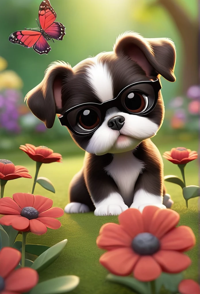 Adorable small red boston Terrior puppy playing with 2 black shih tzu puppies wearing sunglasses playing at park butterflies and flowers in background 3D Pixar style