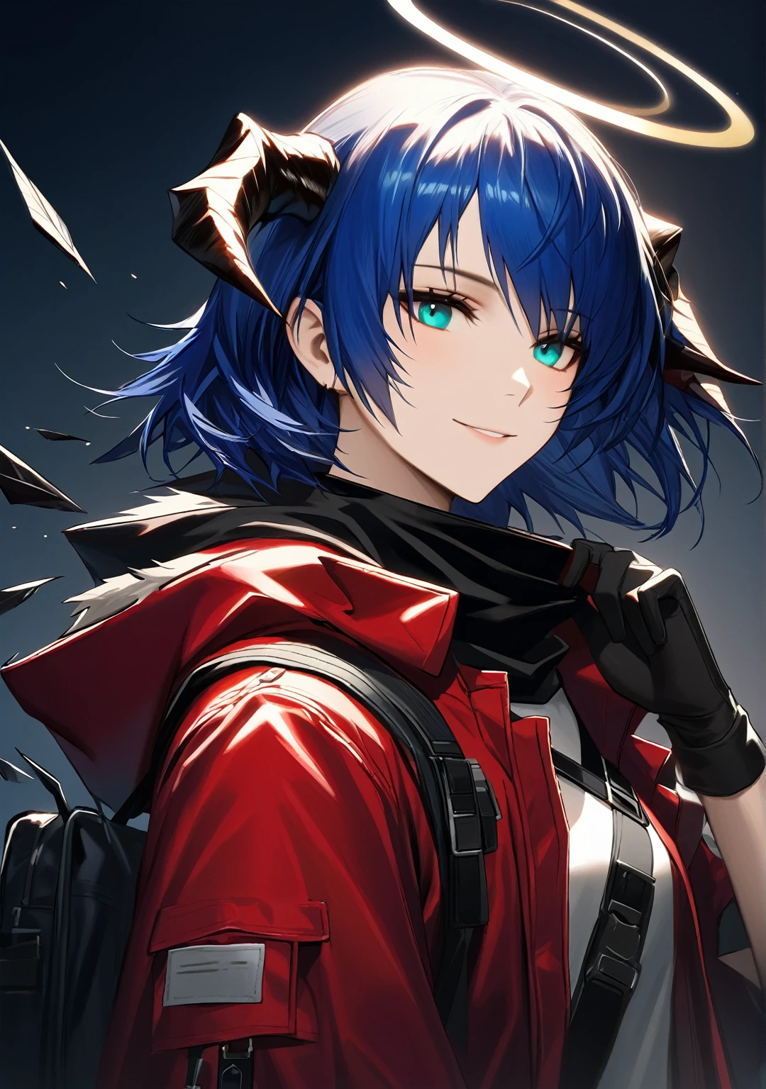 (woman), ((Mostima from arknights)), masterpiece, best quality, blue hair, ((short hair)), horns, plain white shirt, red fullbody coat, red hood, dark blue eyes, realistic anime style, smiling, ((portrait)), black gloves, carring a bag, halo.