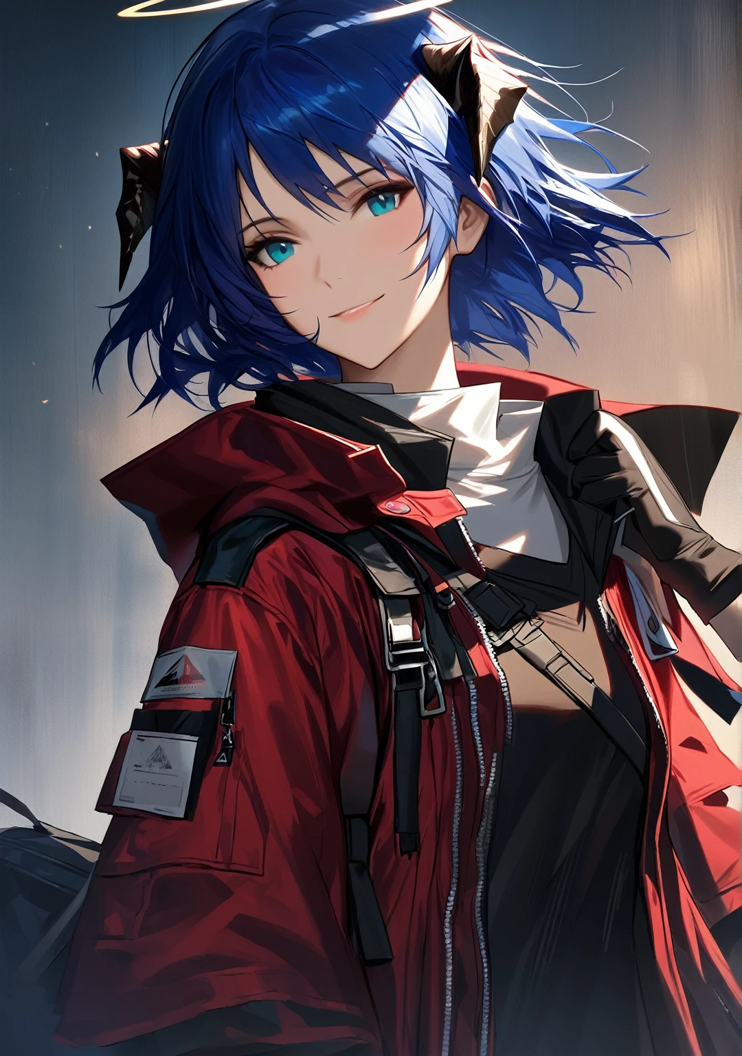 (woman), ((Mostima from arknights)), masterpiece, best quality, blue hair, ((short hair)), horns, plain white shirt, red fullbody coat, red hood, dark blue eyes, realistic anime style, smiling, ((portrait)), black gloves, carring a bag, halo.