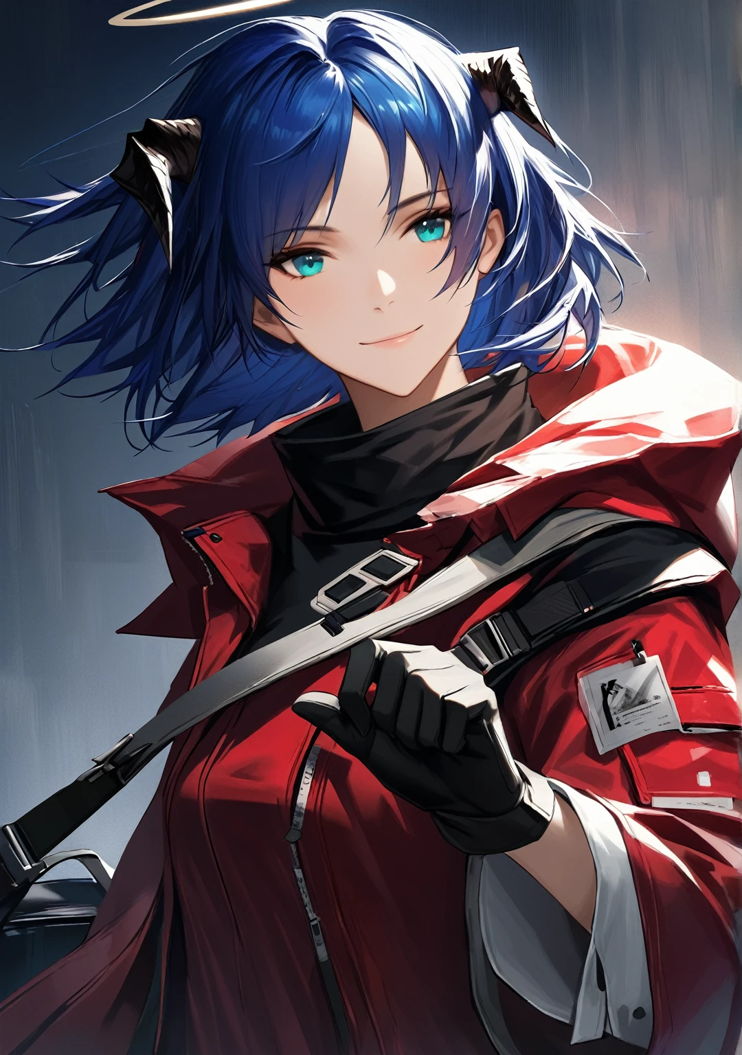 (woman), ((Mostima from arknights)), masterpiece, best quality, blue hair, ((short hair)), horns, plain white shirt, red fullbody coat, red hood, dark blue eyes, realistic anime style, smiling, ((portrait)), black gloves, carring a bag, halo.