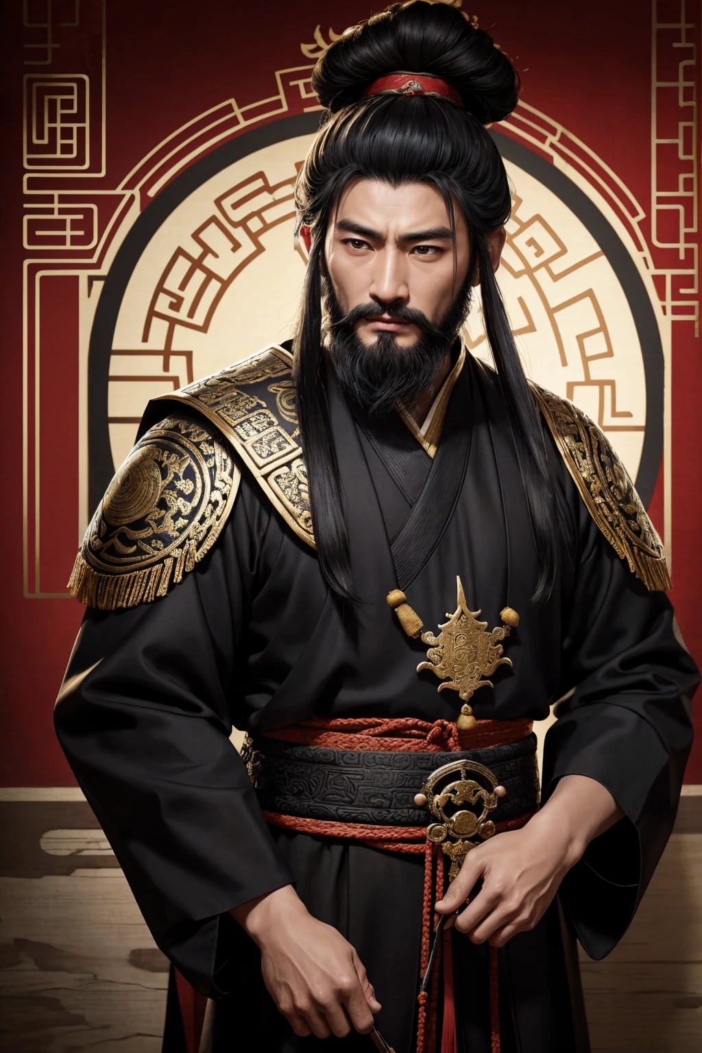 oriental、man in ancient chinese clothes、ancient chinese hairstyle man、short hair, three kingdom、multiple warlords、highest quality、masterpiece、ultra high resolution、(realistic:1.4)、game poster、Clear and beautiful image quality、Black clothes、long beard、Embroidered cloth wrapped in a topknot、no background, Cao Cao (Mengde)