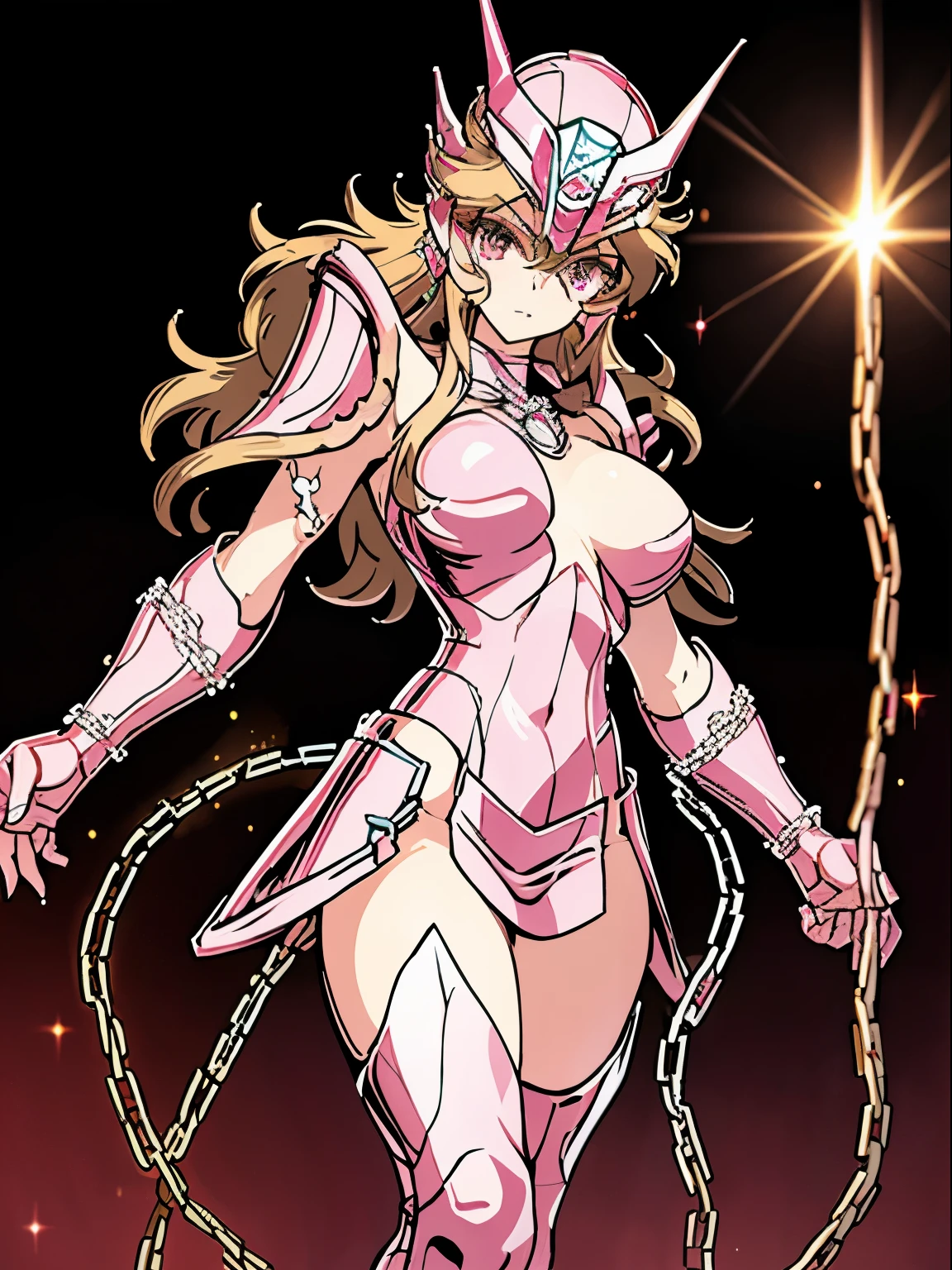 masterpiece, best quality, ultra high res, realistic skin texture, armature, (photorealistic:1.4), high resolution, raw photo, shiny skin, realistic skin texture, best lighting, sparkle, dramatic lighting, dynamic pose, (greek temple background:1.3), night sky, cosmos, milky way, 1girl, balanced eyes, Andromeda Shun, pink/purple armor, roman skirt plate, (breast plate:1.5), cleavage, pink hair, (pink helmet:1.3), red eyes, (looking at viewer:1.3), (medium breast:1.3), slight smile, (chains around arms:1.3),