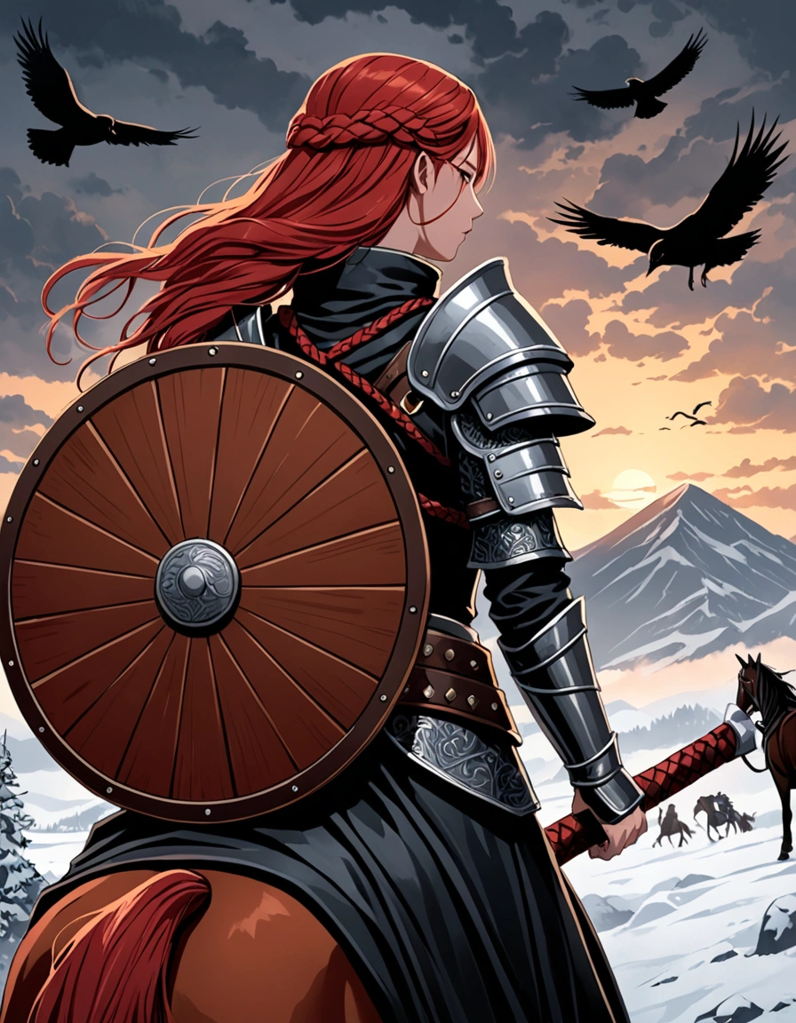 close-up，A digital illustration of A female warrior seen from behind, with long red braided hair , holding a decorated axe on her shoulder and a round wooden shield strapped on her back. she wearing dark fur and leather armor ,sitting on horse back with a belt that has a pouch and a sword attached. Several birds fly in the distance, adding to the dramatic and moody atmosphere.in a snowy and cloudy environment, The lighting is dim with subtle highlights on the warrior, indicating either dawn or dusk, and the scene conveys a sense of strength and solitude.