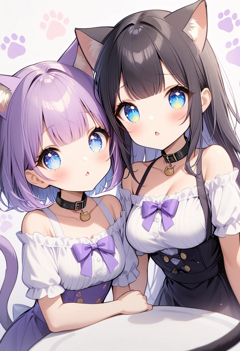 2 girls, 1 girl with Blue eyes, Long Hair, Bangs, Purple Hair, Breasts, black collar, cat ears, purple cat tail, 2 girl with blue eyes, short hair, black hair, cat ears, paw prints