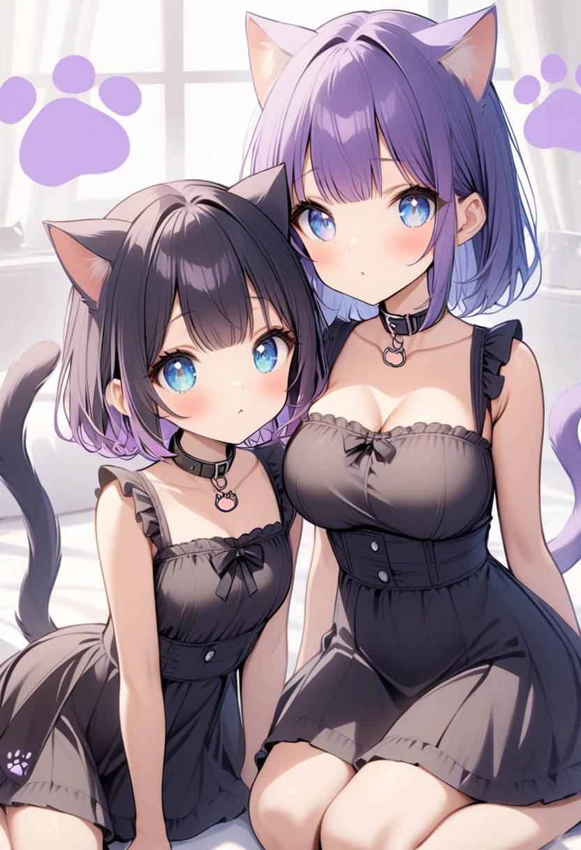 2 girls, 1 girl with Blue eyes, Long Hair, Bangs, Purple Hair, Breasts, black collar, cat ears, purple cat tail, 2 girl with blue eyes, short hair, black hair, cat ears, paw prints