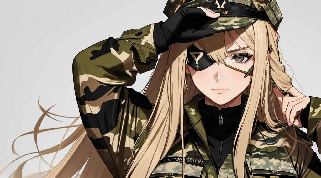a woman with long blond hair and brown eyes is wearing camouflage military clothing and wears a black triangular-shaped eye patch over her right eye