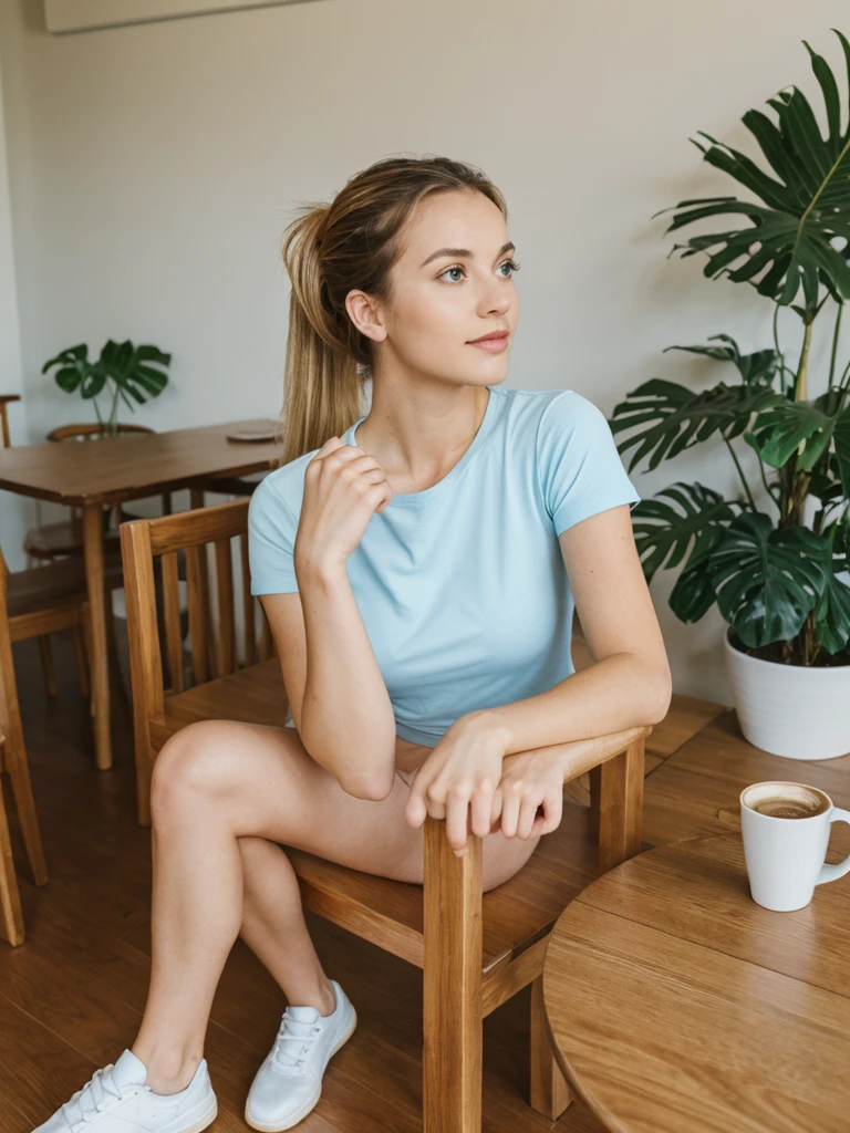 her name is Olivia, high quality, 1girl, ((27-year-old fit Caucasian woman)), ((27 years old)), ((BODY TYPE: HOURGLASS)), ((Ponytail HAIR)), ((EYE COLOR: Light blue)) pose: SITTING and ARMS CROSSED, wearing Casual Shirt and Short Generation-Z modern wear VARIETY colored, BACKGROUND: " Indoor: A small cafe with warm lighting, wooden tables, and the smell of freshly brewed coffee."
