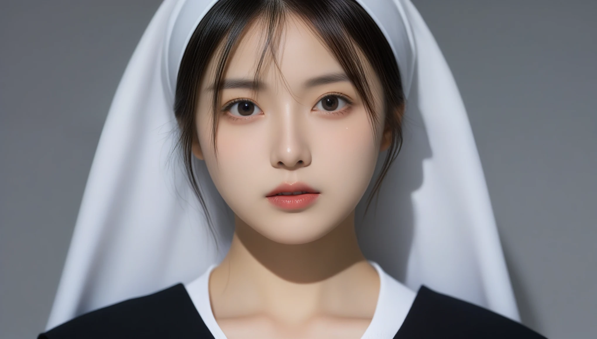 8k, Ultra-high resolution, Highest quality, masterpiece, 三分割法によるphotograph,Surreal, photograph, 1 Girl, (16 years old:1.3), pretty girl, Cute Face, Beautiful eyes in every detail, 細かくdetailedに,masterpiece,One Girl:1.2, Japan Female Announcer,extream close up,sad,streaming tears,Black short hair,Messy hair,(Nun's clothing:1.3),(印象派の美しい少女のPortraiture), (Gray background:1.3),(Impressionist light and colour),prayer,Realistic Skin, Perfect and beautiful face ,完璧でCute Face, Skin with attention to detail, Perfect limbs、Narrow waist,Looking at the audience、beauty,Long neck,clavicle,(((Ideal body type))),A cup small breasts :2,Portraiture:2,Perfect Anatomy,鮮明なdetailed,detailed,Surreal,Light and shadow,spotlight