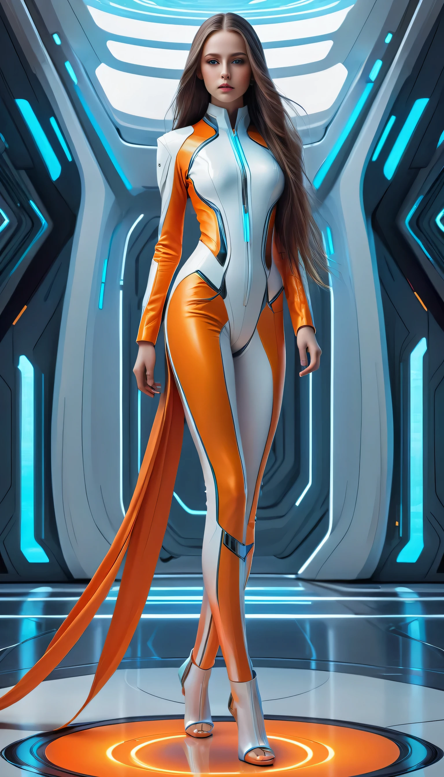 A barefoot futuristic girl standing silently on the ground, captivating eyes, porcelain skin, long flowing hair, (futuristic outfit:1.1, sleek attire),  (bright and vibrant colors), (futuristic lab), (digital art:1.1, digital illustration), (high resolution, ultra-detailed:1.2), (photorealistic:1.37, realistic rendering).