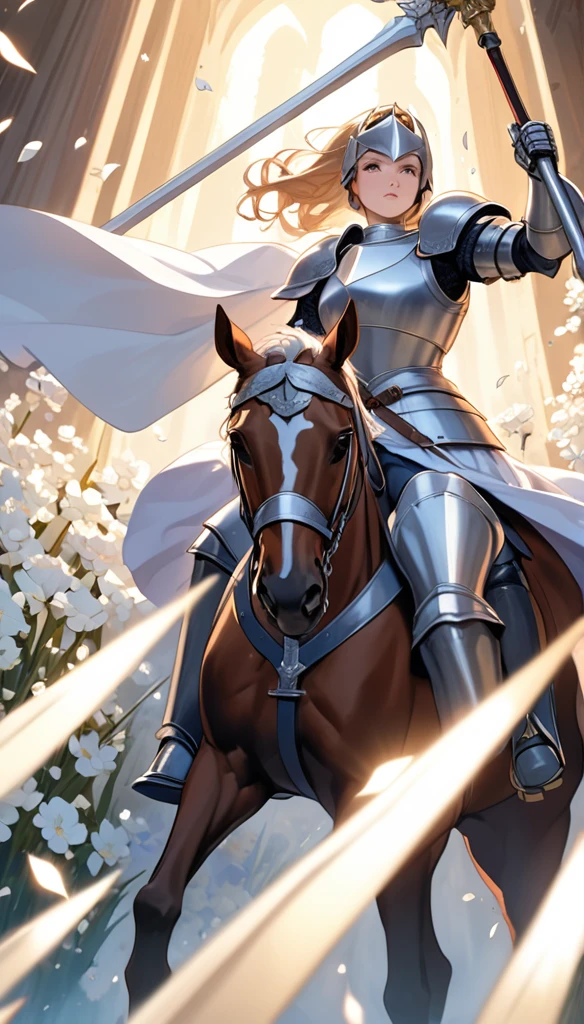 A female knight on horseback. She is holding a shiny spear. Many white flowers are falling. The background is black.