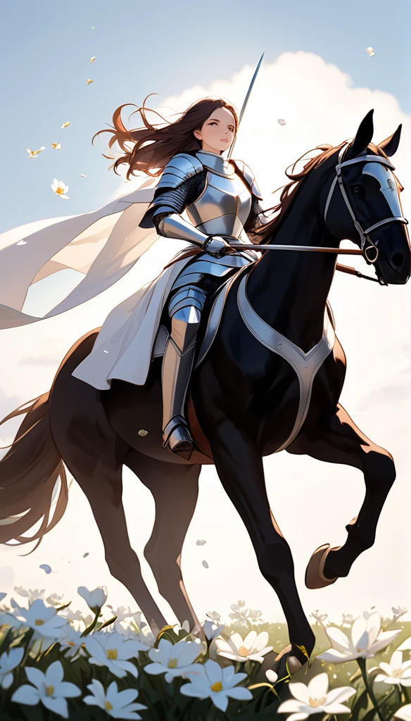A female knight on horseback. She is holding a shiny spear. Many white flowers are falling. The background is black.