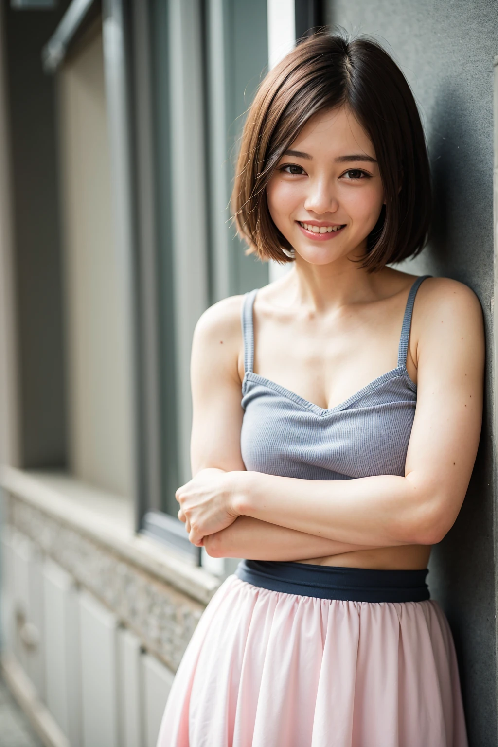 Top quality, 1 beautiful woman, super short Hair, shy-smile, Wearing Tutu Skirt