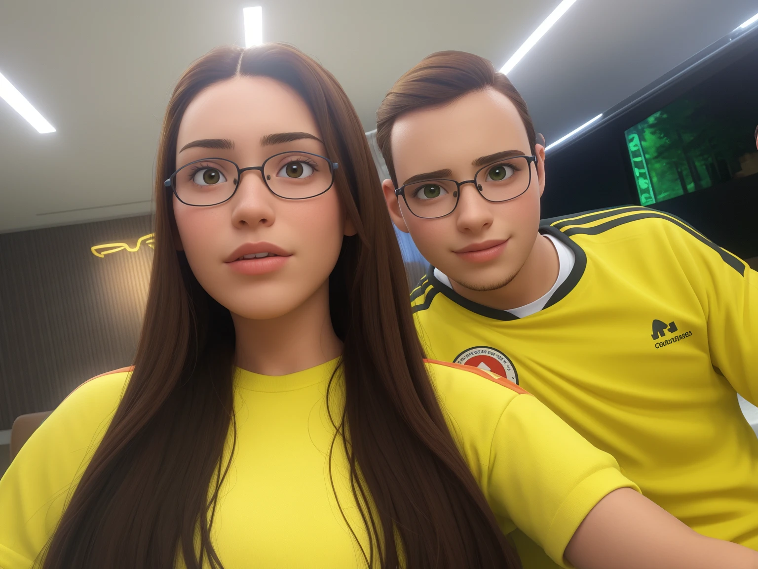 Create a Disney traed with the couple in the photo. A young woman with long brown hair, and a young man with glasses. With a green background full of trees.