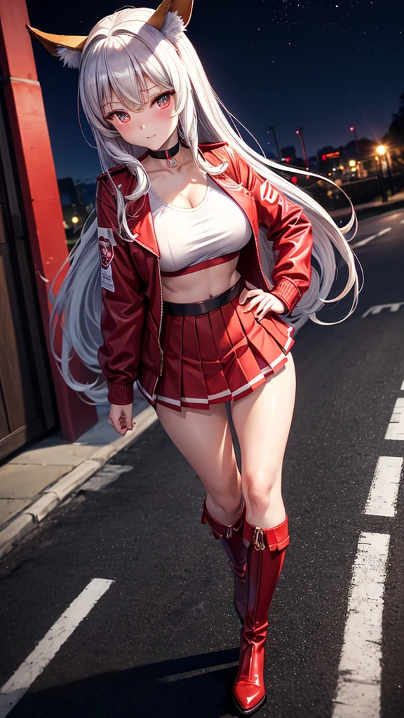 masterpiece, Best Quality,, maruzensky (Uma Musume),, red thighs, Red jacket, pleated skirt, Red skirt,  choker, open jacket, white bow, open clothing, high heel boots, paved road, run, eye traces, night sky, neon, from above,, voluptuous girl with sexy clothes without blouse or bra that shows everything 