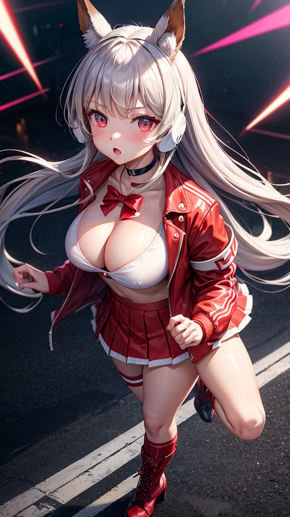 masterpiece, Best Quality,, maruzensky (Uma Musume),, red thighs, Red jacket, pleated skirt, Red skirt, choker, open jacket, white bow, open clothing, high heel boots, paved road, run, eye traces, night sky, neon, from above,, voluptuous girl with sexy clothes without blouse or bra that shows everything