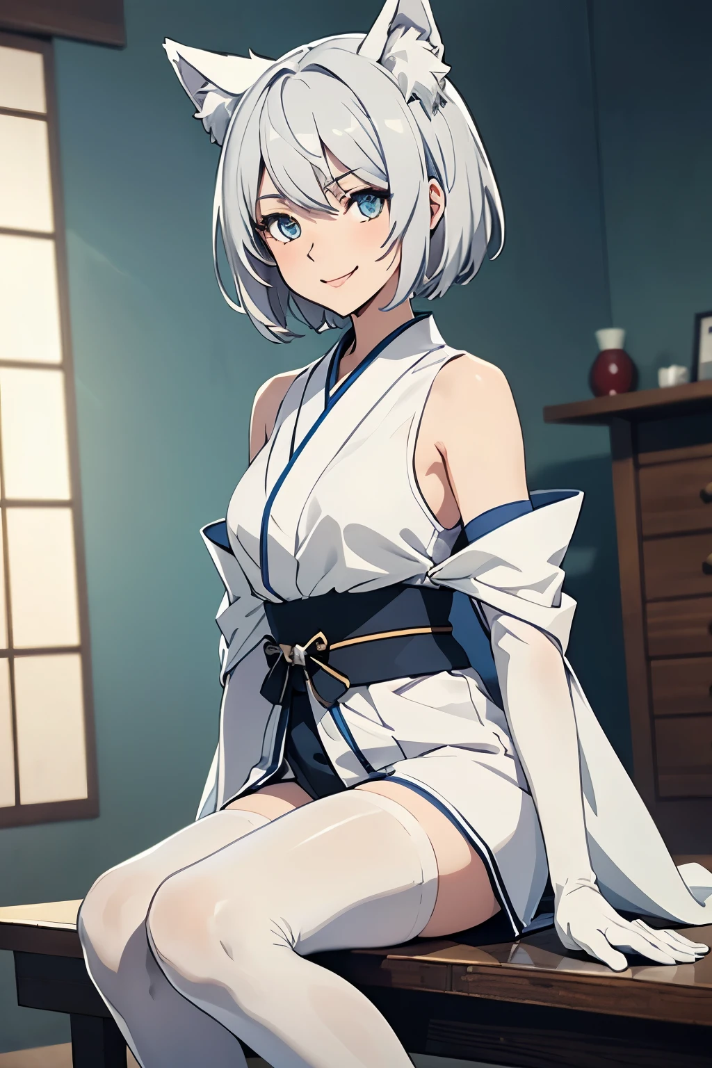 Tabletop　 Best image quality　wonderful　Attention to detail　One Young Woman（（Adult））Anime Style　whole body　White kimono（Sleeveless）　White long gloves（Elbow Gloves）　White Pantyhose（Plain）　White wolf ears　short hair（（Shortcuts）（Gray Hair）（Curly Hair）（fluffy））　smile（Happy）　Eye color is blue　background（Japanese-style room）sit