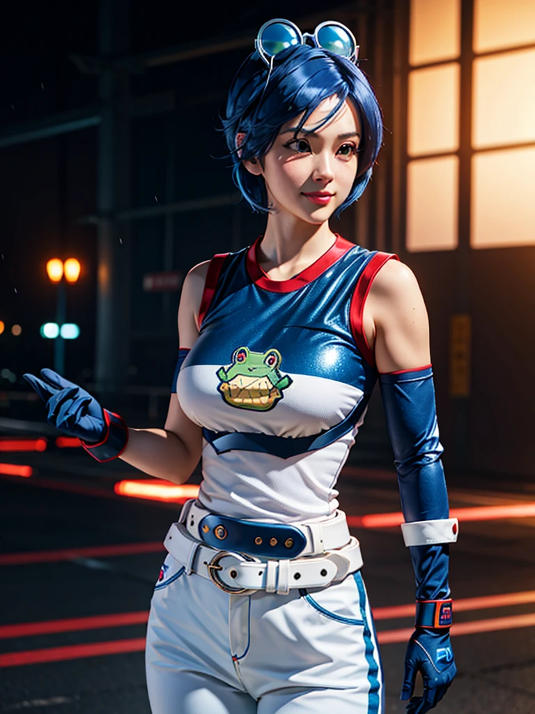 (at night), in a video game scene, a background of a beautiful city during the day raining, standing at attention, semi-short blue hair, blouse with an anime frog face, white flared pants, wearing blue fingerless exercise gloves, has round goggles on her head, huge belt with a round eyeglass, ((blue hair)), 1 girl, alone, 20 years old, young woman, perfect hands, beautiful fingers, beautiful long legs, beautiful body, beautiful nose, beautiful design of characters, perfect face, looking at the viewer with serious gesture (focusing on his face), closed mouth, Light_Smile, official art, extremely detailed CG unity 8k wallpaper, perfect lighting, bright and colorful front lighting, glowing skin (masterpiece : 1.0), (best_quality: 1.0), ultra high resolution, 4K, ultra detailed photography, 8K, HDR, high resolution, nonsense:1.2, Kodak portra 400, film grain, background blur, bokeh:1.2, lens flare, (vibrant_color:1.2), professional photography, (beautiful_face: 1.5), (narrow waist),