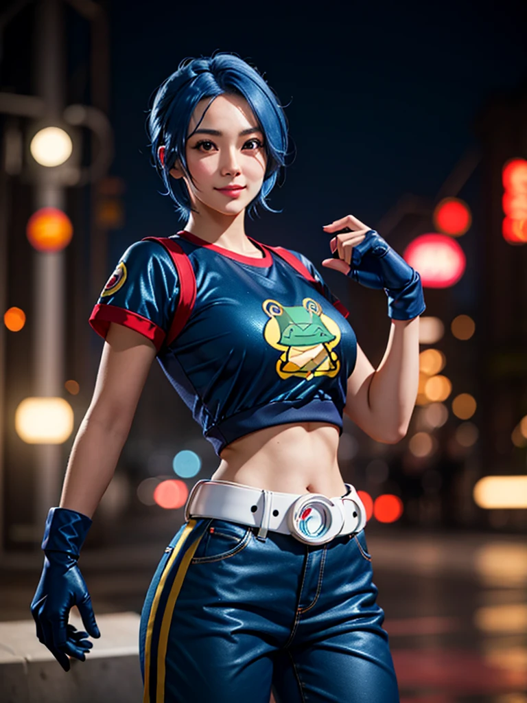 (at night), in a video game scene, a background of a beautiful city during the day raining, standing at attention, semi-short blue hair, blouse with an anime frog face, white flared pants, wearing blue fingerless exercise gloves, has round goggles on her head, huge belt with a round eyeglass, ((blue hair)), 1 girl, alone, 20 years old, young woman, perfect hands, beautiful fingers, beautiful long legs, beautiful body, beautiful nose, beautiful design of characters, perfect face, looking at the viewer with serious gesture (focusing on his face), closed mouth, Light_Smile, official art, extremely detailed CG unity 8k wallpaper, perfect lighting, bright and colorful front lighting, glowing skin (masterpiece : 1.0), (best_quality: 1.0), ultra high resolution, 4K, ultra detailed photography, 8K, HDR, high resolution, nonsense:1.2, Kodak portra 400, film grain, background blur, bokeh:1.2, lens flare, (vibrant_color:1.2), professional photography, (beautiful_face: 1.5), (narrow waist),
