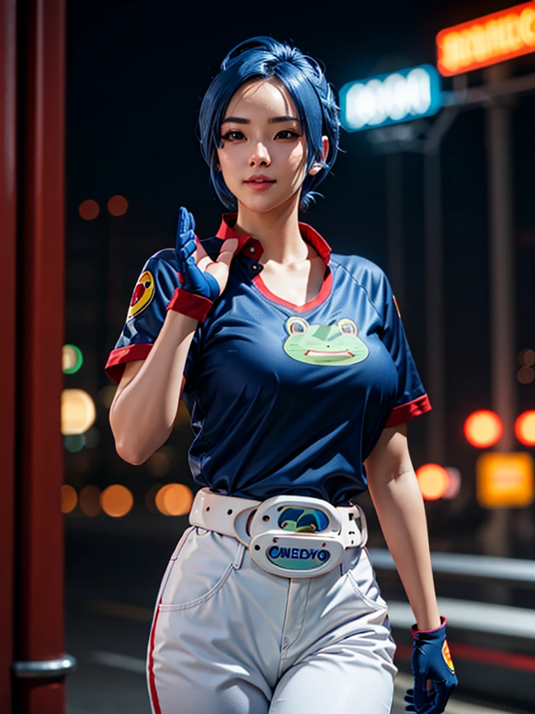 (at night), in a video game scene, a background of a beautiful city during the day raining, standing at attention, semi-short blue hair, blouse with an anime frog face, white flared pants, wearing blue fingerless exercise gloves, has round goggles on her head, huge belt with a round eyeglass, ((blue hair)), 1 girl, alone, 20 years old, young woman, perfect hands, beautiful fingers, beautiful long legs, beautiful body, beautiful nose, beautiful design of characters, perfect face, looking at the viewer with serious gesture (focusing on his face), closed mouth, Light_Smile, official art, extremely detailed CG unity 8k wallpaper, perfect lighting, bright and colorful front lighting, glowing skin (masterpiece : 1.0), (best_quality: 1.0), ultra high resolution, 4K, ultra detailed photography, 8K, HDR, high resolution, nonsense:1.2, Kodak portra 400, film grain, background blur, bokeh:1.2, lens flare, (vibrant_color:1.2), professional photography, (beautiful_face: 1.5), (narrow waist),