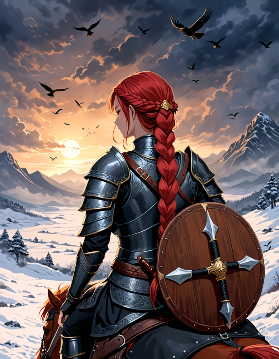 close-up,A digital illustration of A female warrior seen from behind, with long red braided hair , holding a decorated axe on her shoulder and a round wooden shield strapped on her back. she wearing dark fur and leather armor ,sitting on horse back with a belt that has a pouch and a sword attached. Several birds fly in the distance, adding to the dramatic and moody atmosphere.in a snowy and cloudy environment, The lighting is dim with subtle highlights on the warrior, indicating either dawn or dusk, and the scene conveys a sense of strength and solitude.