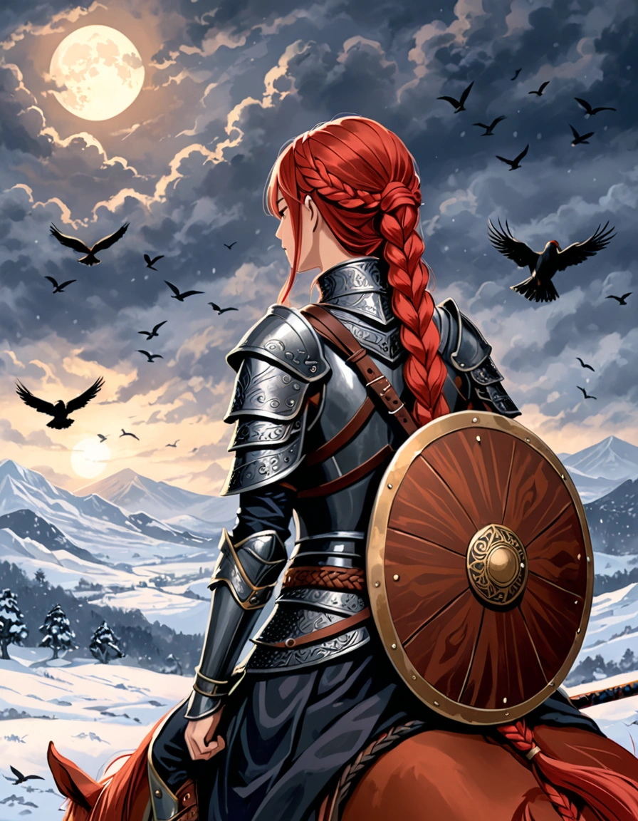close-up,A digital illustration of A female warrior seen from behind, with long red braided hair , holding a decorated axe on her shoulder and a round wooden shield strapped on her back. she wearing dark fur and leather armor ,sitting on horse back with a belt that has a pouch and a sword attached. Several birds fly in the distance, adding to the dramatic and moody atmosphere.in a snowy and cloudy environment, The lighting is dim with subtle highlights on the warrior, indicating either dawn or dusk, and the scene conveys a sense of strength and solitude.