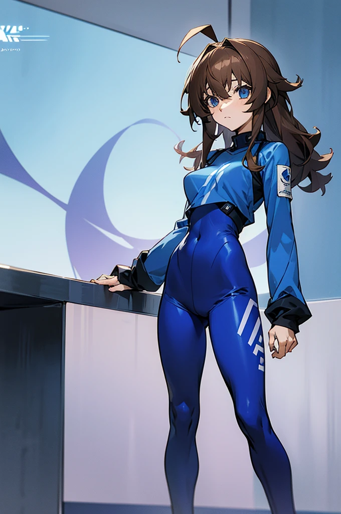 screenshot of anime blue lock, oc girl, female of medium low height, black full body uniform pants and long sleeve t-shirt, short wavy shoulder length, hair brown color, ahoge, blue eyes with lilac tones, ., isagijersey, sportswear, blue shorts, isagiuniform, bodysuit, isagitracksuit, blue shirt, blue pants