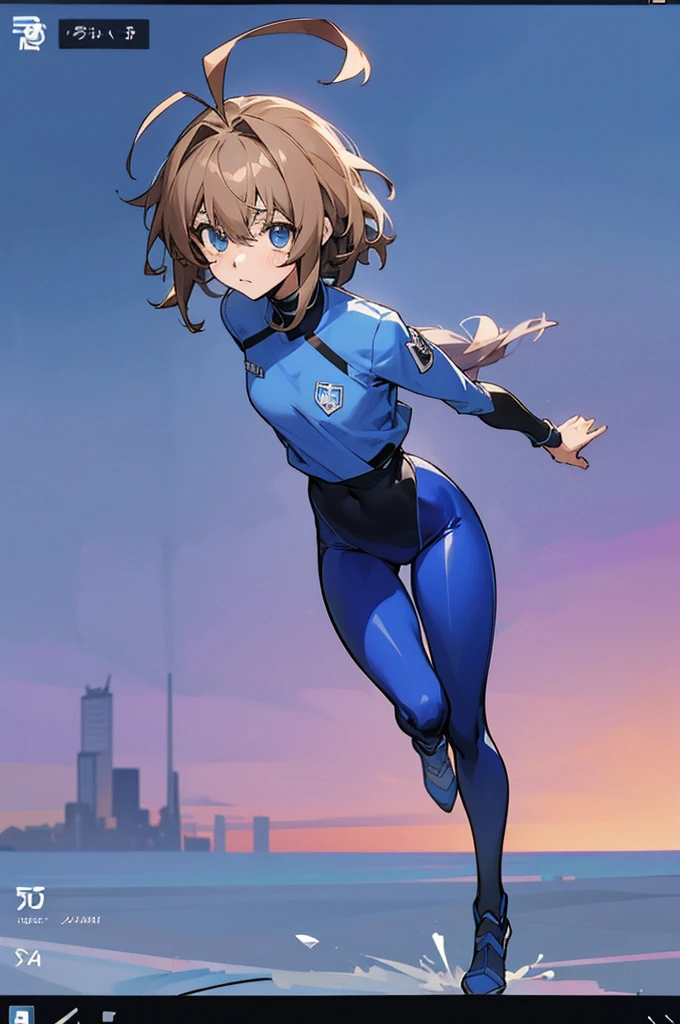 screenshot of anime blue lock, oc girl, female of medium low height, black full body uniform pants and long sleeve t-shirt, short wavy shoulder length, hair brown color, ahoge, blue eyes with lilac tones, ., isagijersey, sportswear, blue shorts, isagiuniform, bodysuit, isagitracksuit, blue shirt, blue pants