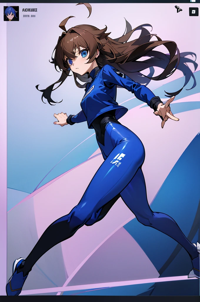 screenshot of anime blue lock, oc girl, female of medium low height, black full body uniform pants and long sleeve t-shirt, short wavy shoulder length, hair brown color, ahoge, blue eyes with lilac tones, ., isagijersey, sportswear, blue shorts, isagiuniform, bodysuit, isagitracksuit, blue shirt, blue pants