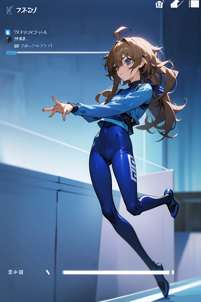 screenshot of anime blue lock, oc girl, female of medium low height, black full body uniform pants and long sleeve t-shirt, short wavy shoulder length, hair brown color, ahoge, blue eyes with lilac tones, ., isagijersey, sportswear, blue shorts, isagiuniform, bodysuit, isagitracksuit, blue shirt, blue pants