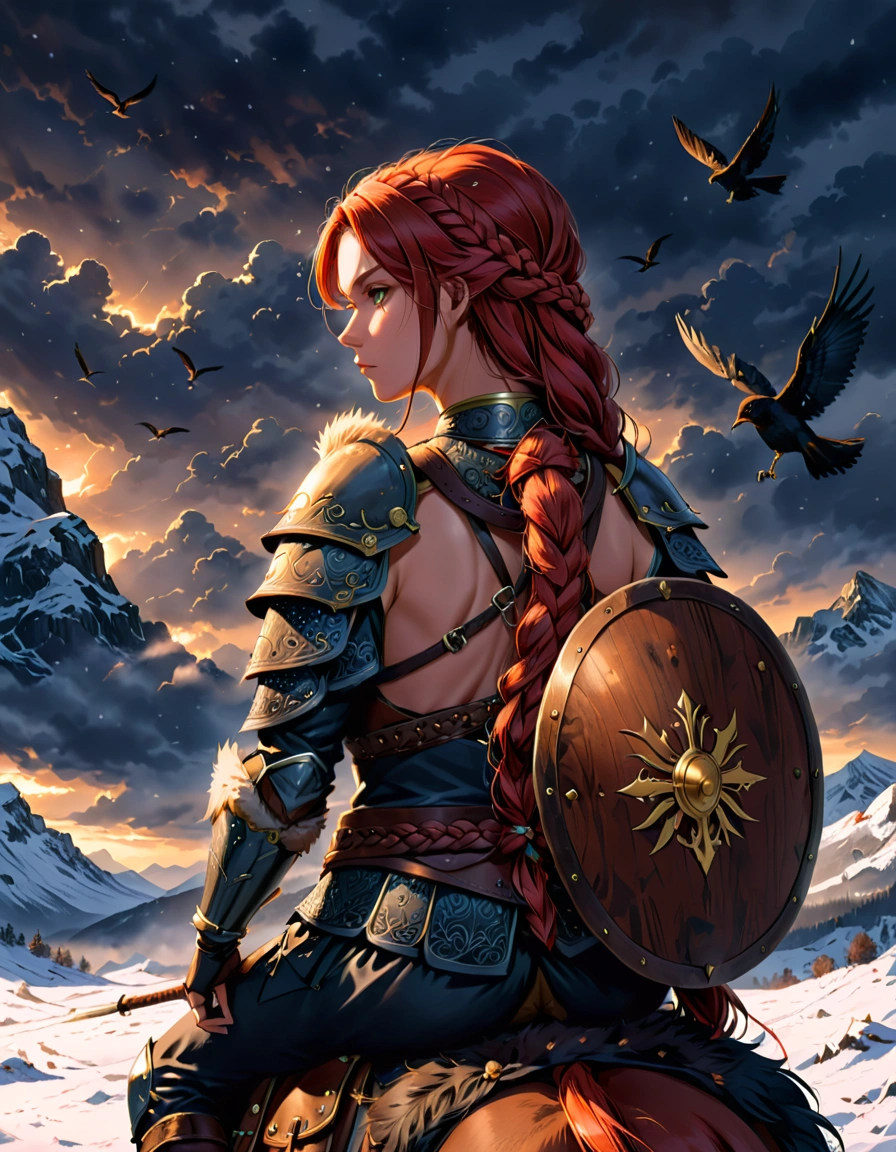 close-up,A digital illustration of A female warrior seen from behind, with long red braided hair , holding a decorated axe on her shoulder and a round wooden shield strapped on her back. she wearing dark fur and leather armor ,sitting on horse back with a belt that has a pouch and a sword attached. Several birds fly in the distance, adding to the dramatic and moody atmosphere.in a snowy and cloudy environment, The lighting is dim with subtle highlights on the warrior, indicating either dawn or dusk, and the scene conveys a sense of strength and solitude.