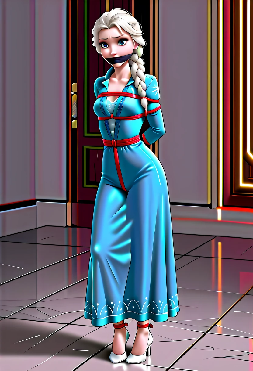 ((Full body photo, standing, on the floor)) Create a visually captivating photorealistic image of a model stylized like Elsa from Disney's "Frozen." The model has a (pale) e that . Her hair, styled into a braided hairstyle with neon highlights woven throughout, features a breathtaking combination of (icy blue) and (icy silver). She wears a charming blue dress, made of luminous silk fabric that shines with every movement. The skirt of the dress is transparent and fits well on the legs. She sits on a throne of stone and ice, tied up, inside a palace made of stone and ice. (Tied with jute rope:2), (tied with lots of rope, ankles tied, legs tied, breasts tied, crotch rope:1,5). Otm gag. The dress features a fitted bodice adorned with snowflake appliqués, creating a mesmerizing icy effect. The flowing skirt, made of layered icy tulle, billows like an icy breeze. Completing her look are neon-accented gloves that glow with an icy glow. Against a dark icy rocky castle backdrop, Elsa's neon ensemble illuminates the scene, capturing her majestic presence and the magical allure of her icy powers. With your camera, a high-resolution mirrorless camera combined with a prime lens, you will capture the model's enchanting beauty and the electrifying energy of her icy costume.
